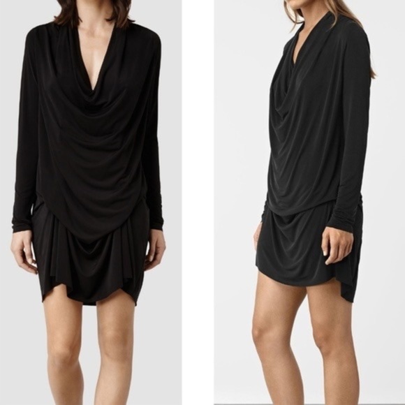 AllSaints Amei LS Black Dress Silky Stretch Size 6 - Picture 2 of 13